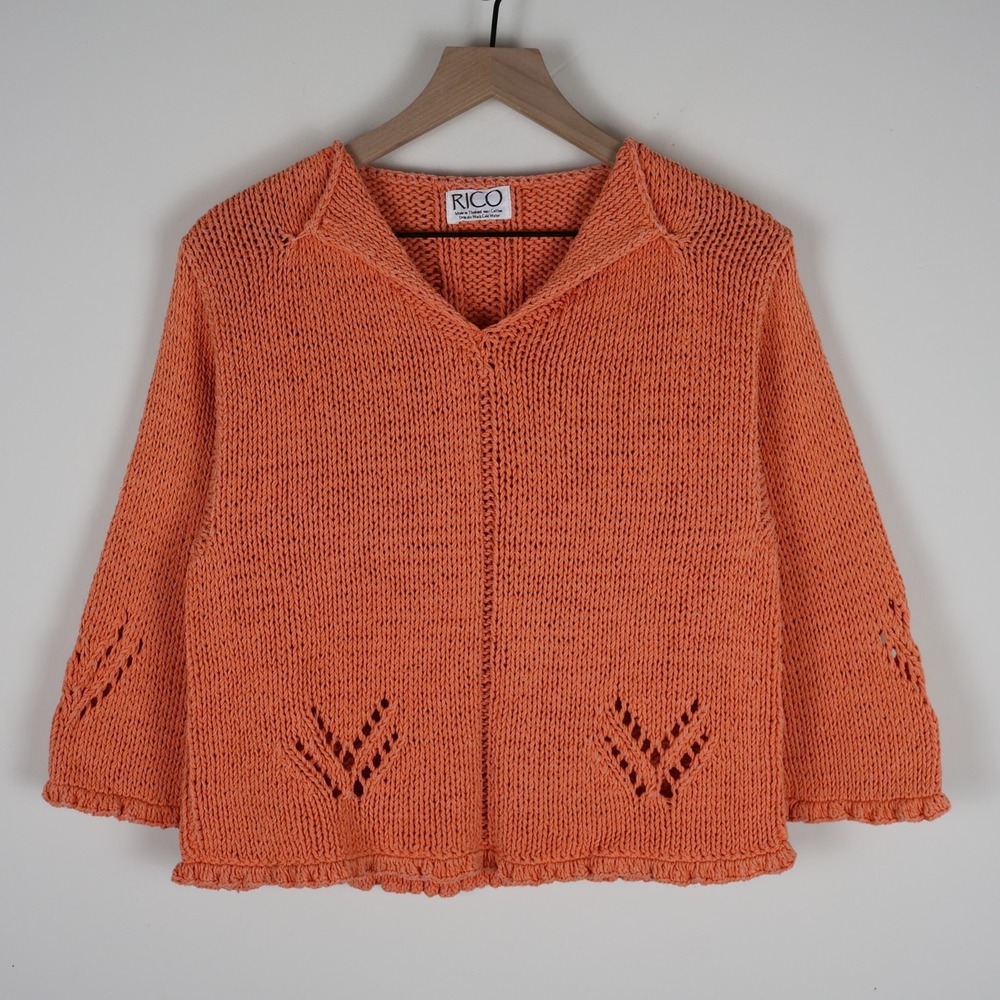 Vintage Rico Crochet Chunky Knit 3/4 Sleeve Sweater Orange Women's S/XS 17.5‎